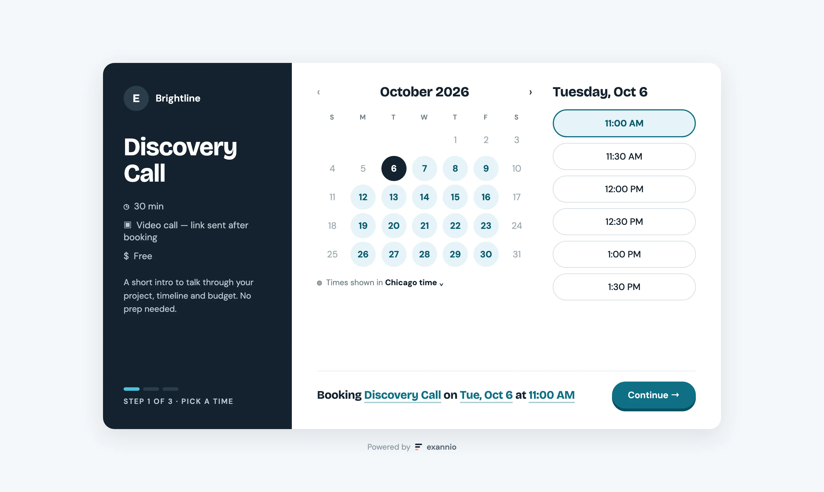 A public booking page for a Discovery Call with a month calendar and available times