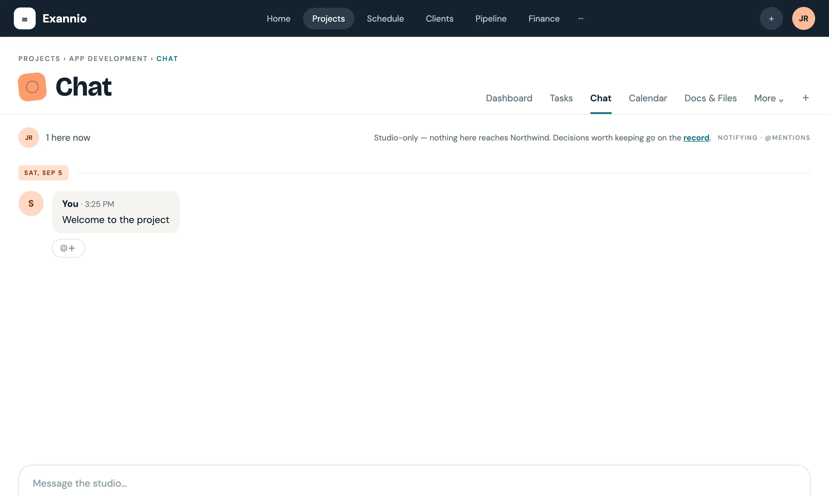 Exannio project chat with a welcome message to the project