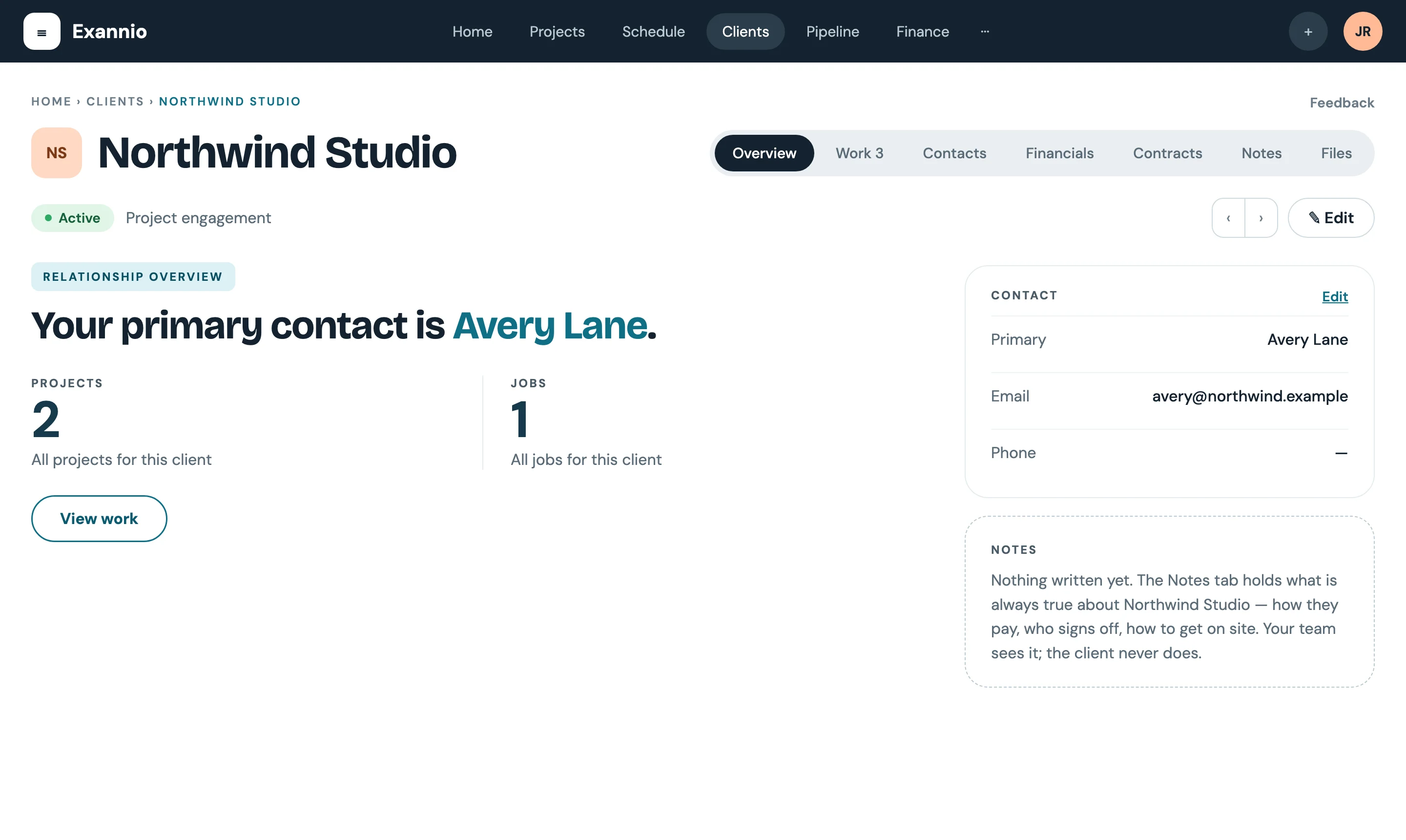 Client detail page for Northwind Studio with the primary contact and relationship overview