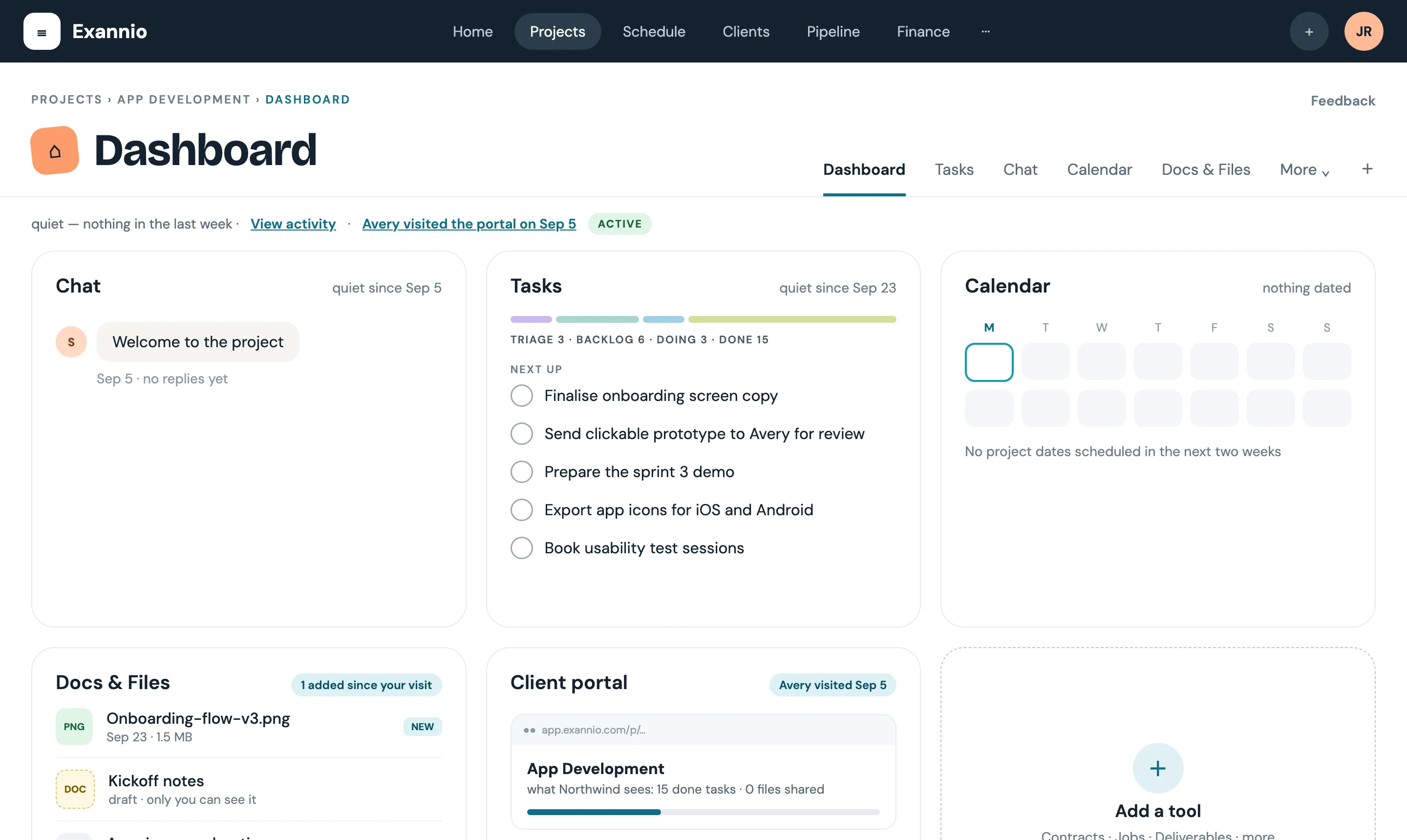 Exannio project dashboard with sample data: chat, tasks, calendar, docs and files, and client portal panels for a single project.