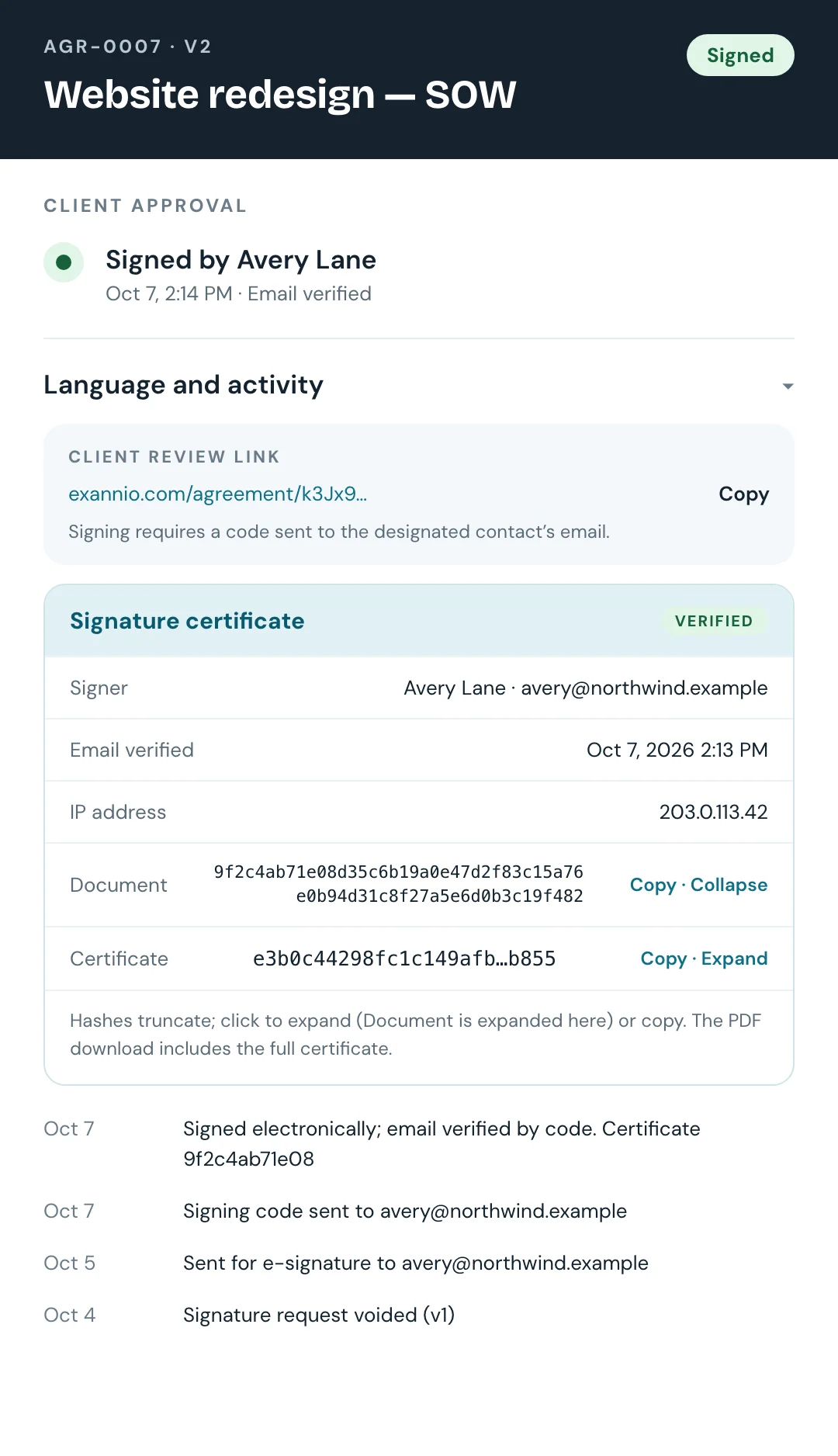 Signed agreement panel with signer details, signature certificate and activity history