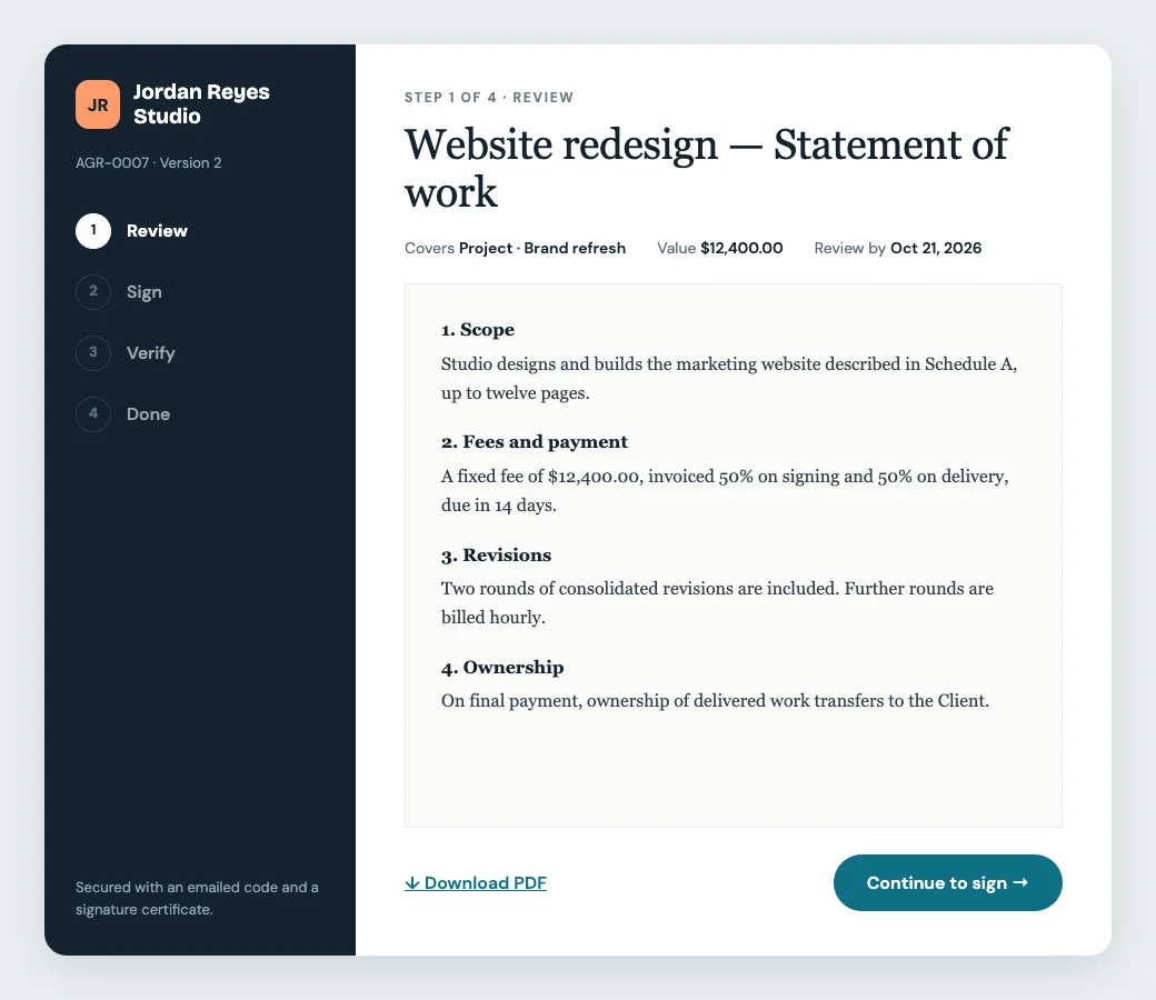 Client view of a statement of work to review, step 1 of 4, with scope, fees, revisions and ownership sections