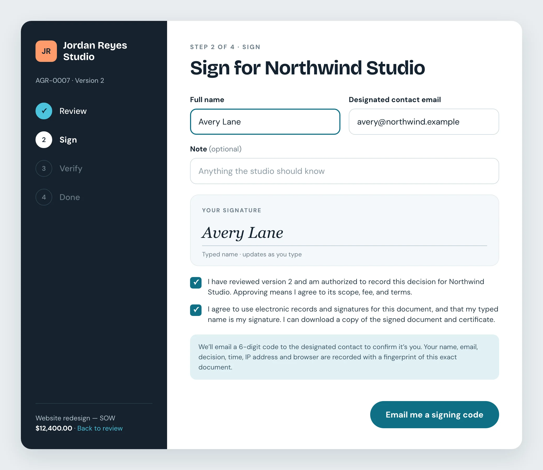 Signing step 2 of 4: the client enters their name, types a signature and agrees to sign electronically