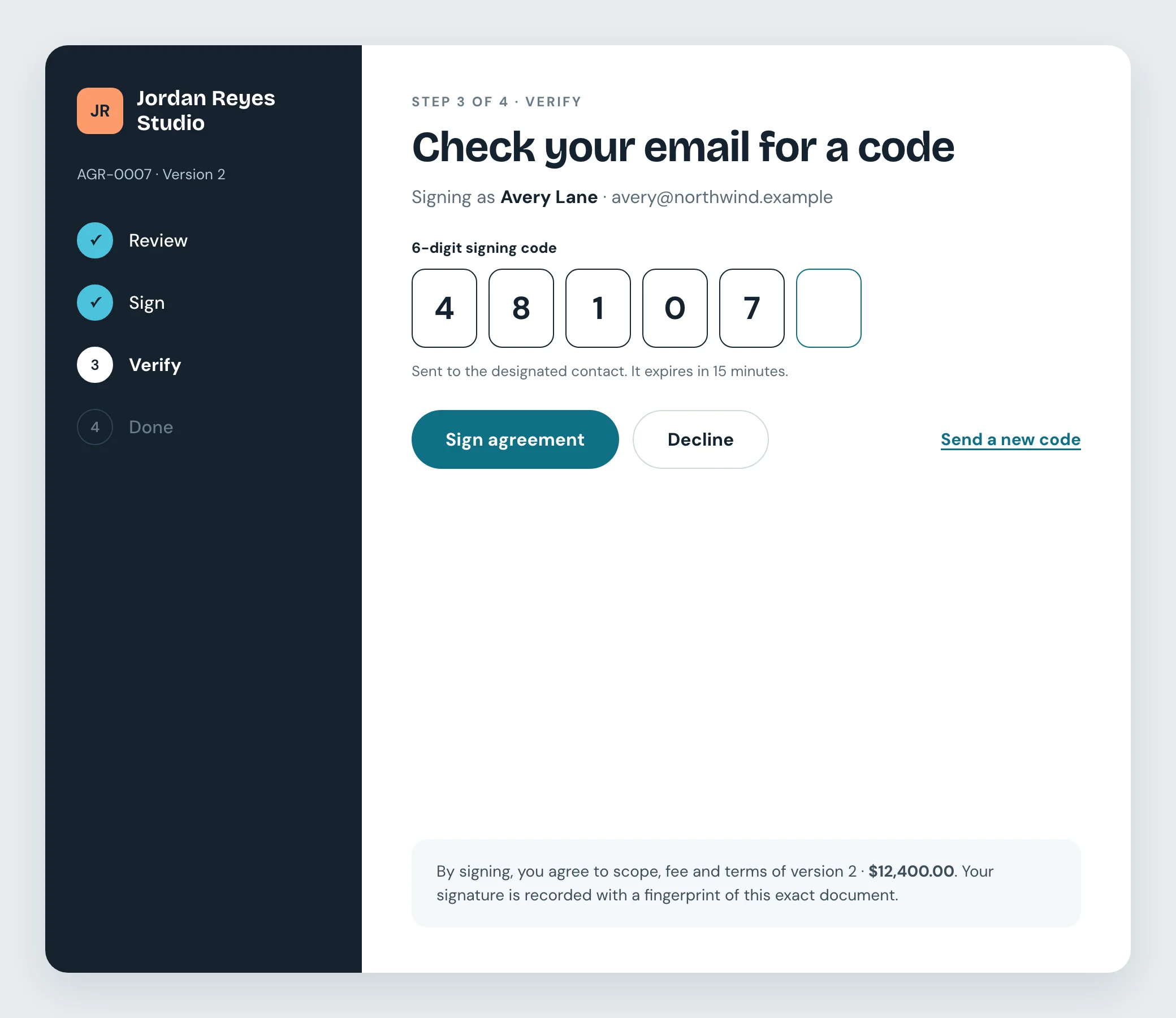 Verification step: the client enters a 6-digit code sent to their email