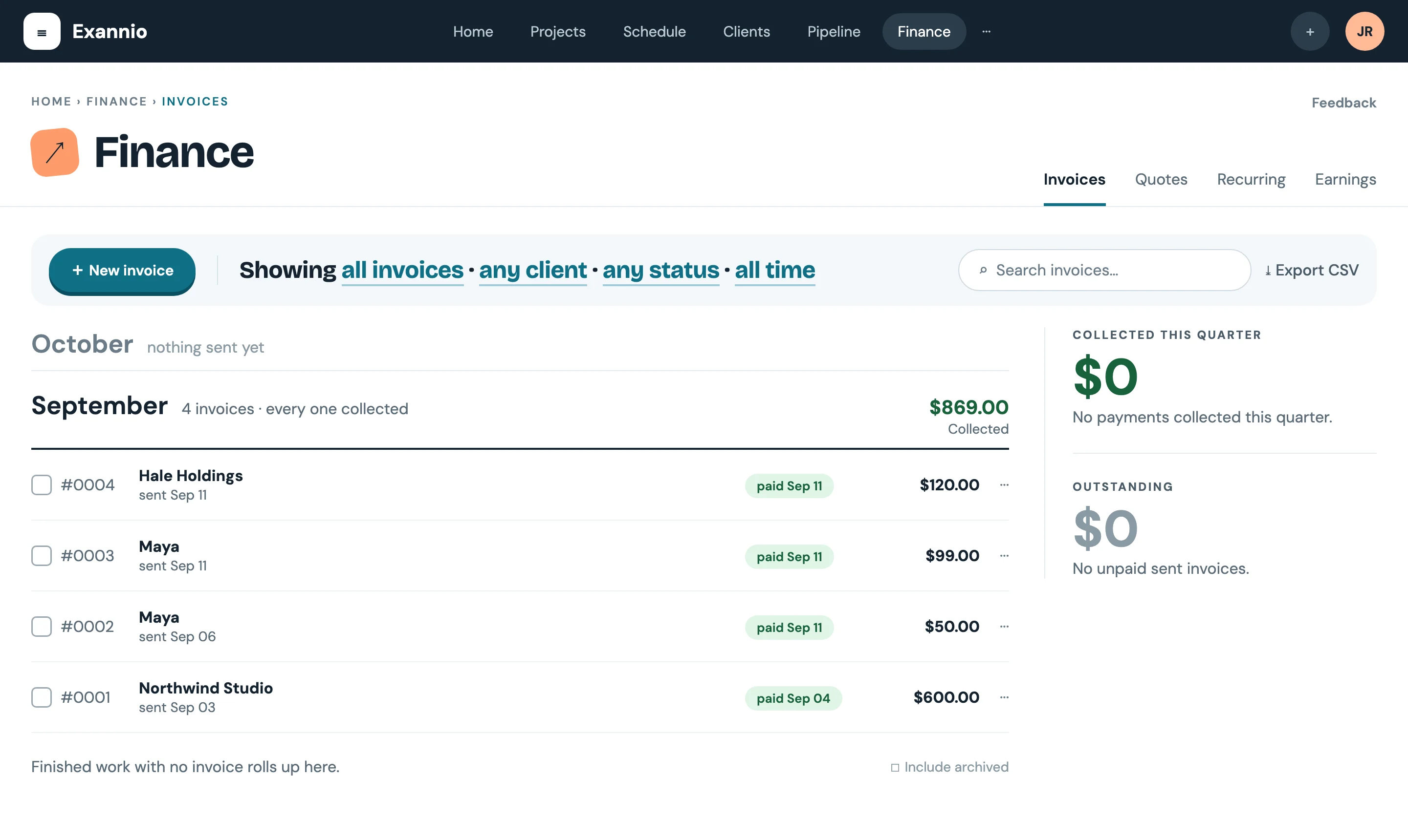 Exannio Finance invoices list grouped by month with paid statuses and quarterly totals, using sample data