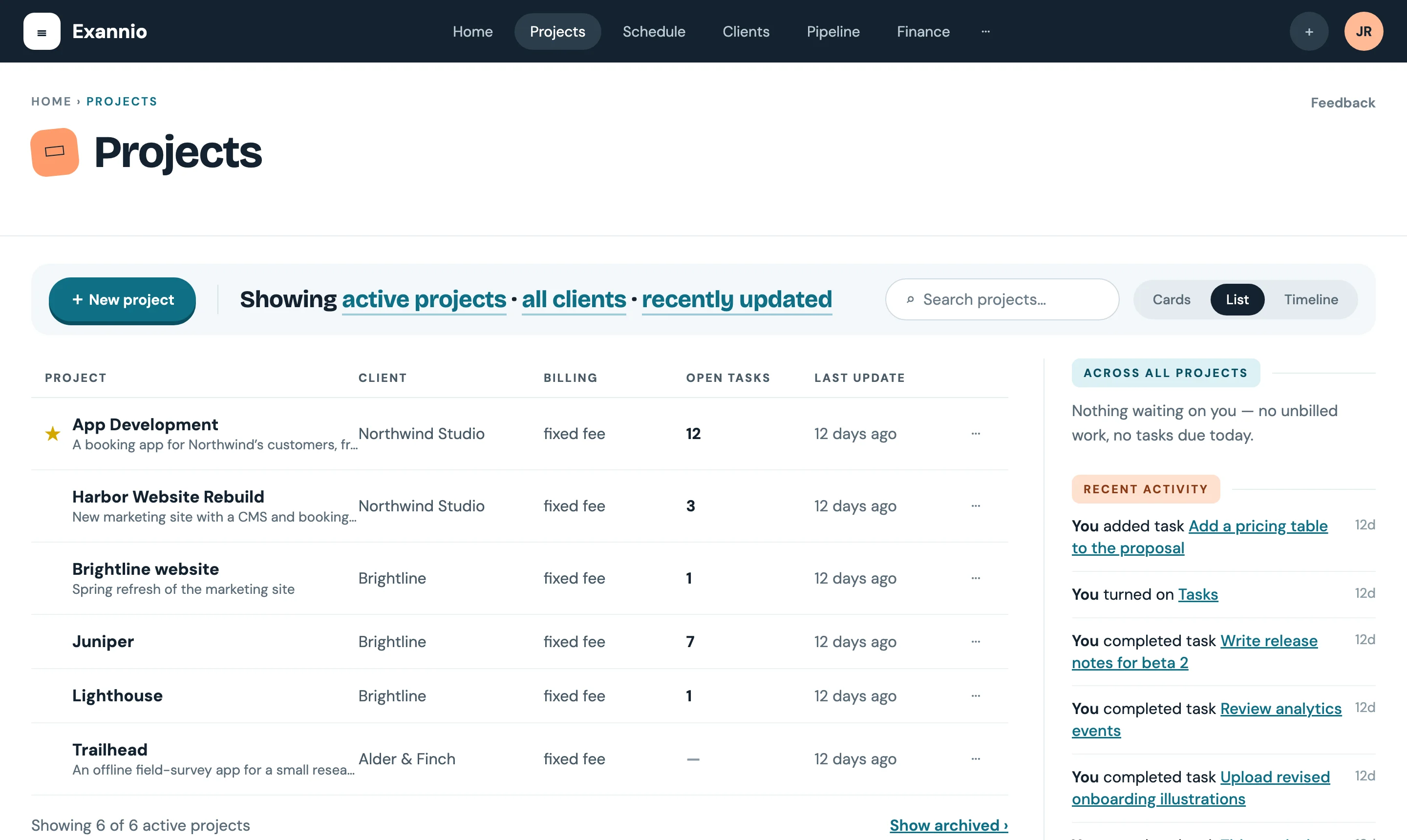Exannio projects list showing each project’s client, billing, open tasks and last update