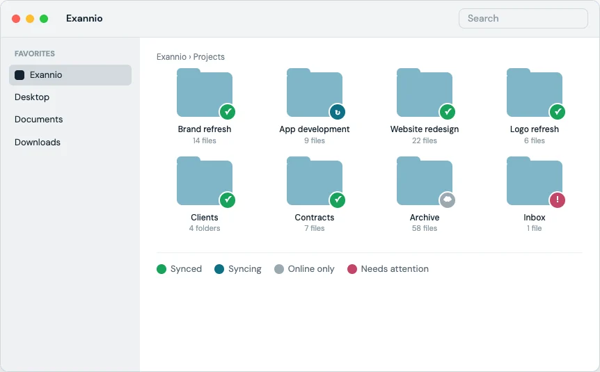 Finder window showing an Exannio folder with one folder per project and sync status badges
