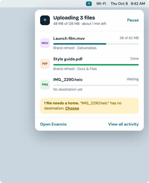 Menu bar popover showing files uploading and recently synced