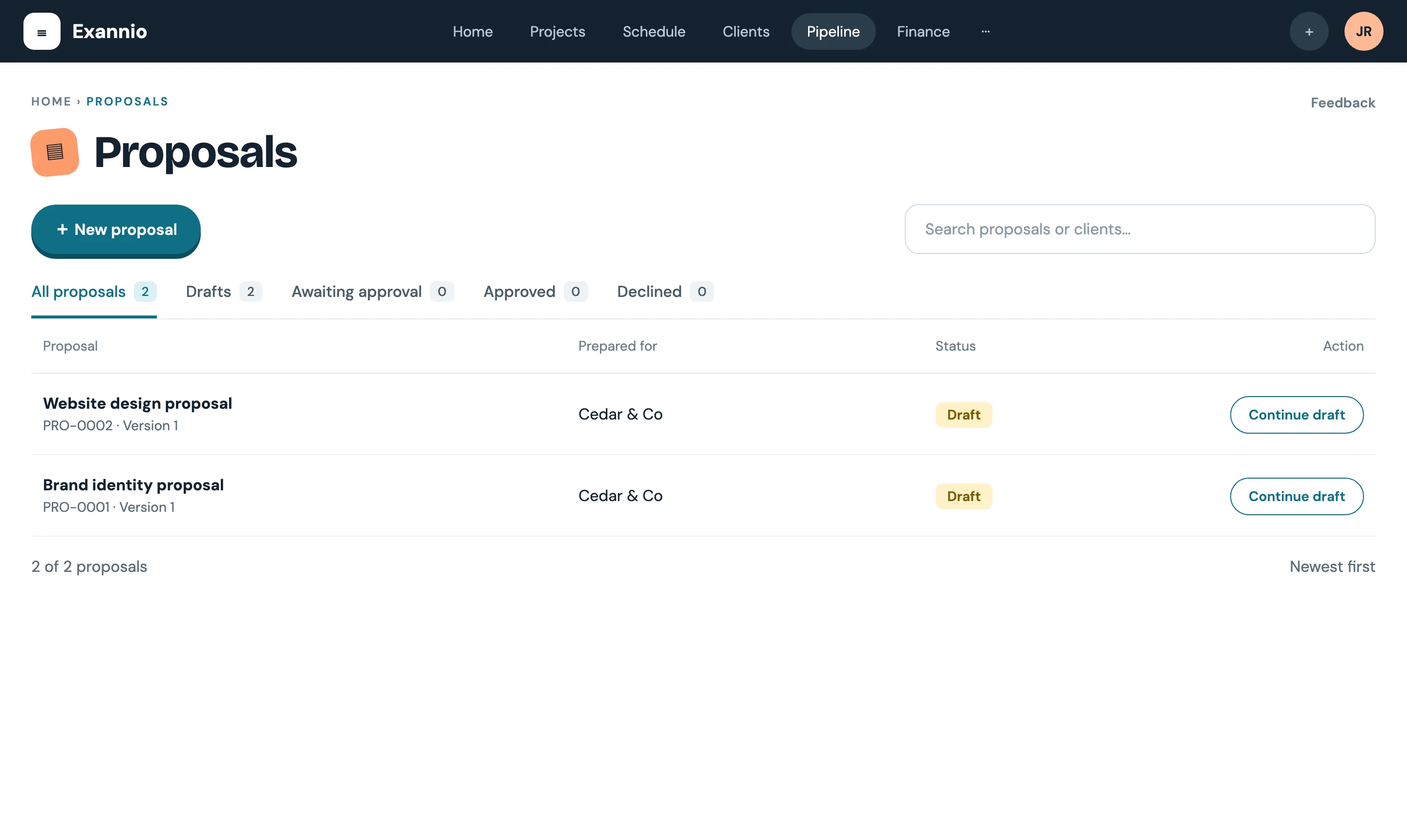 Proposals list with draft proposals and status filters