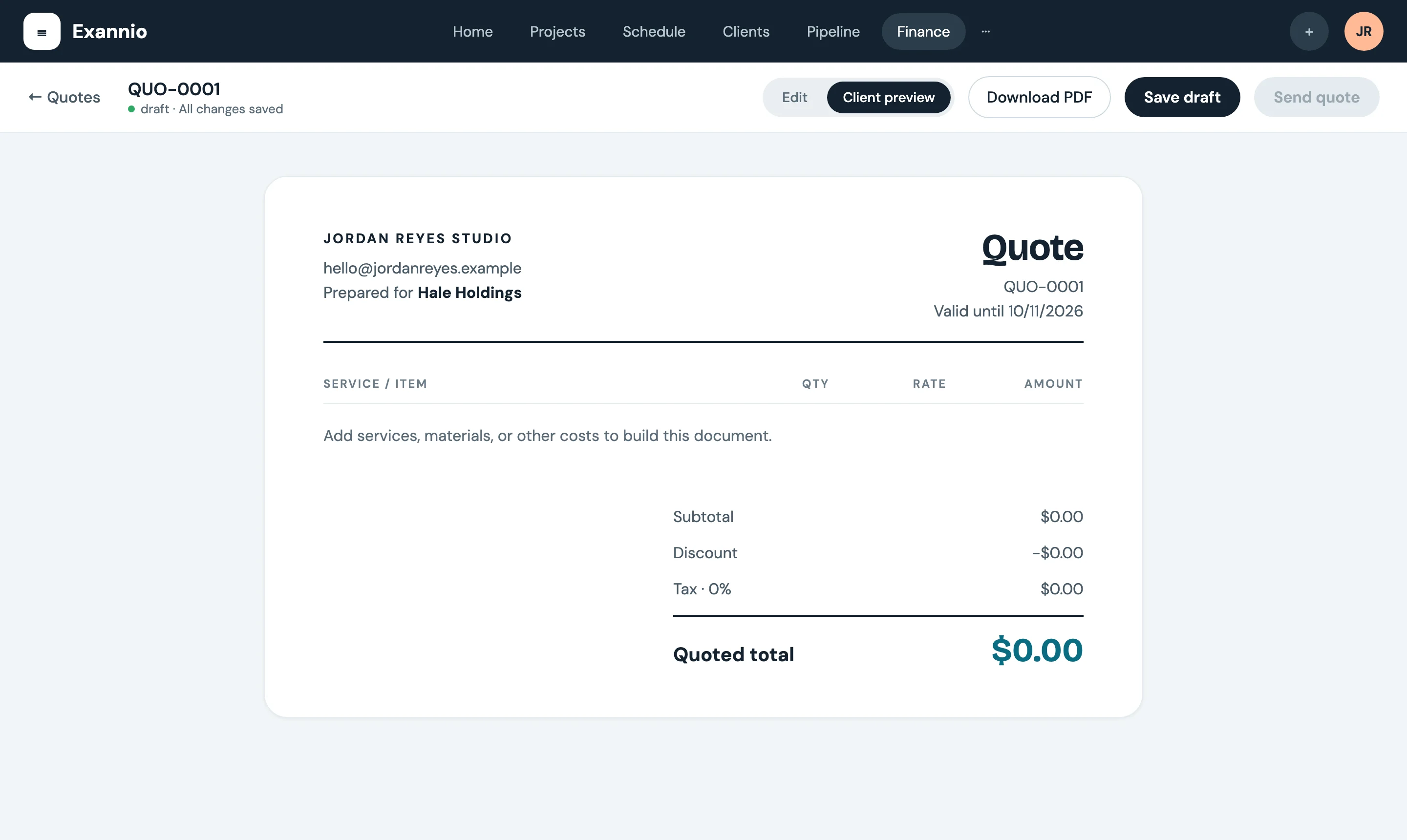 Client preview of a quote with line items, discount, tax and quoted total