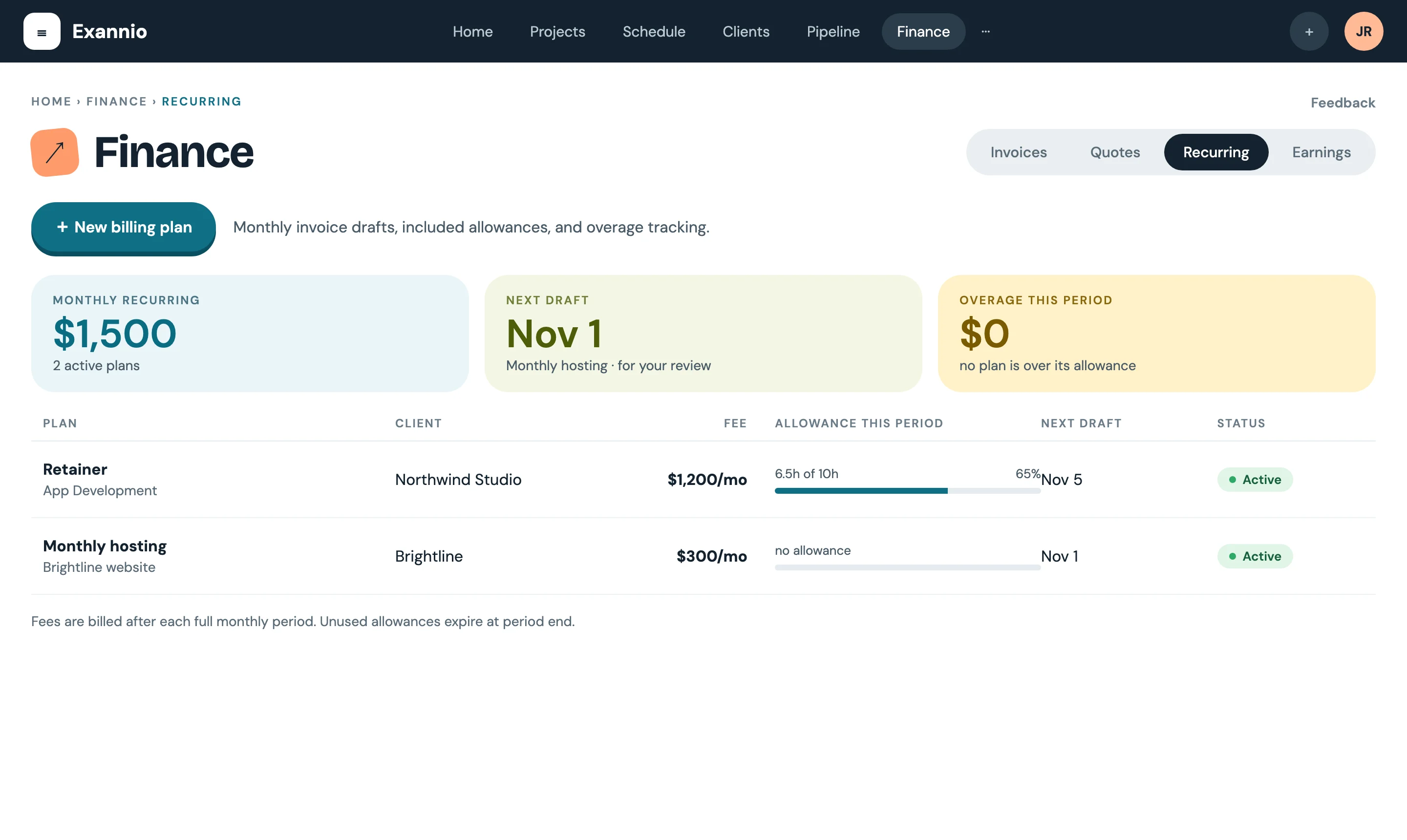 Recurring billing plans with monthly recurring total, next invoice date and plan list