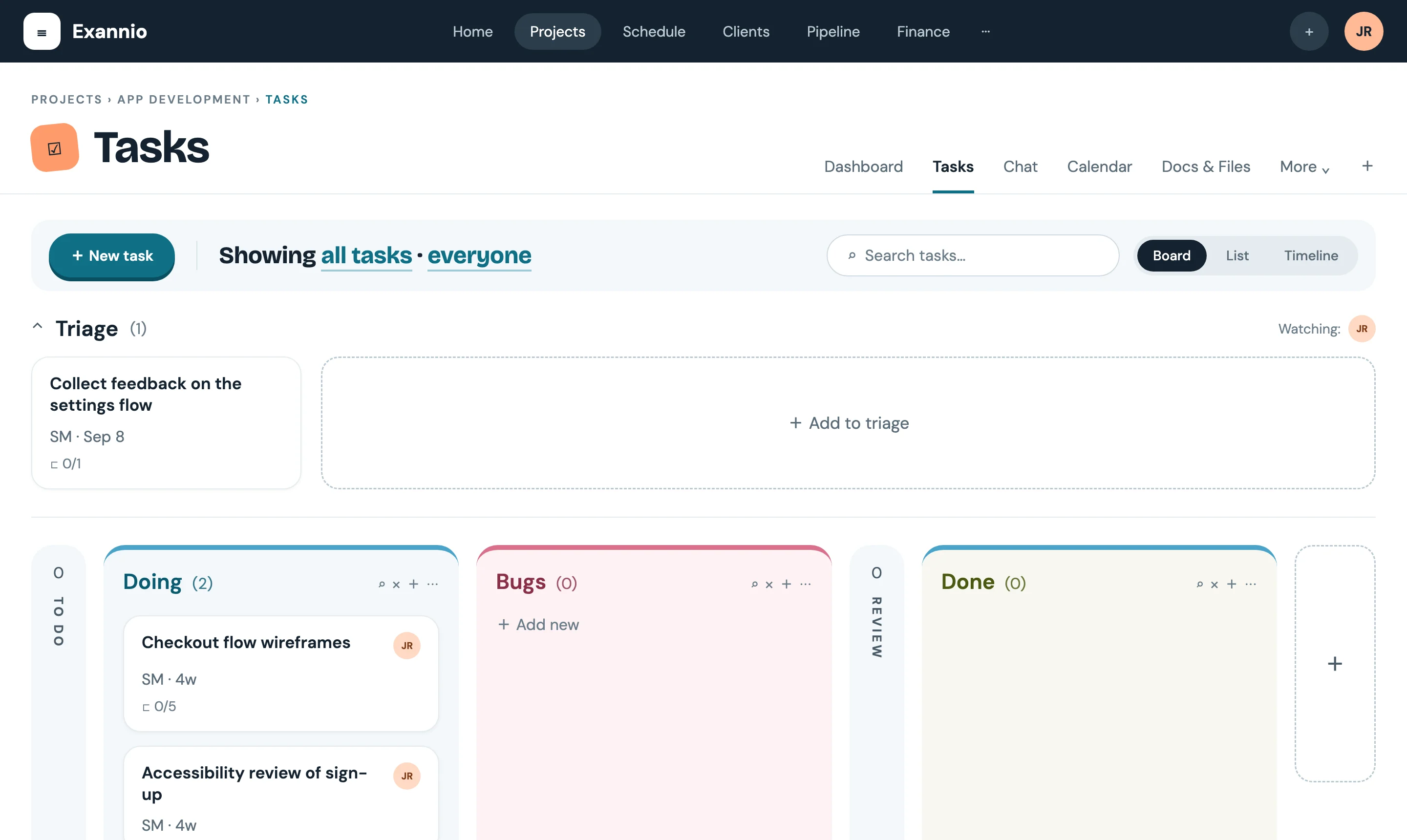 Exannio tasks board view with Triage, Doing, Bugs and Done columns